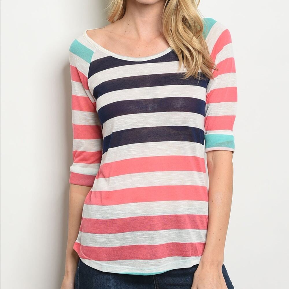 Striped Scoop Neck Semi Sheer Short Sleeve Tee Top Size Small NWT